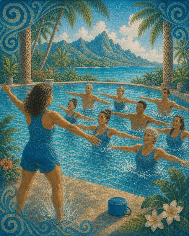 Tau aquagym i roto i te tairoto, e te mau mou'a o Raiatea