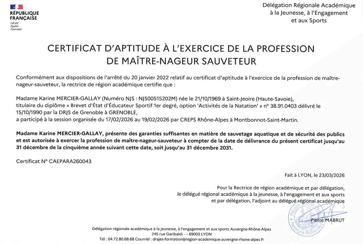Certificat d'aptitude à l'exercice de la profession de maître-nageur sauveteur de Karine Mercier-Gallay, valable jusqu'au 31 décembre 2031