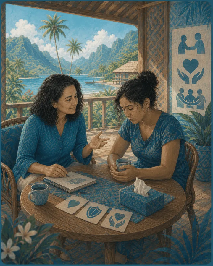 Entretien psychologique entre deux adultes autour d'une table, dans un cadre apaisant, accompagnement adulte à Raiatea