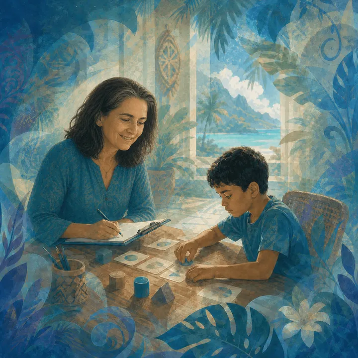 Psychologue observant un enfant manipulant des formes et des cartes lors d'un bilan, au cabinet de Raiatea