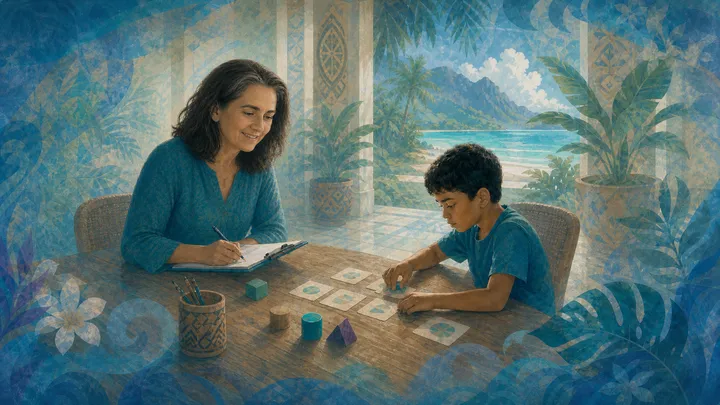 Enseignante accompagnant un élève dans son travail, cahier, crayons et matériel scolaire sur la table (soutien scolaire à Raiatea)